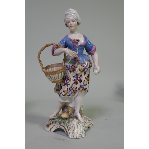 18 - Pair of late C18th/C19th soft paste porcelain figures, possibly Derby, of a street vendor and a hunt... 
