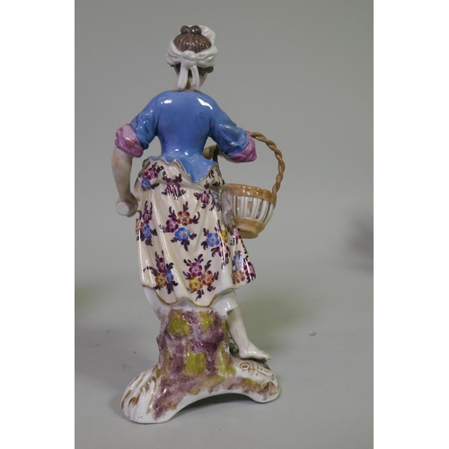 18 - Pair of late C18th/C19th soft paste porcelain figures, possibly Derby, of a street vendor and a hunt... 