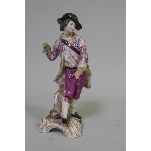 18 - Pair of late C18th/C19th soft paste porcelain figures, possibly Derby, of a street vendor and a hunt... 