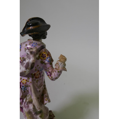 18 - Pair of late C18th/C19th soft paste porcelain figures, possibly Derby, of a street vendor and a hunt... 