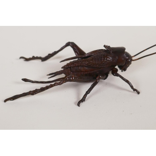 32 - A Japanese Jizai style bronzed copper okimono grasshopper with articulated limbs, 17cm long