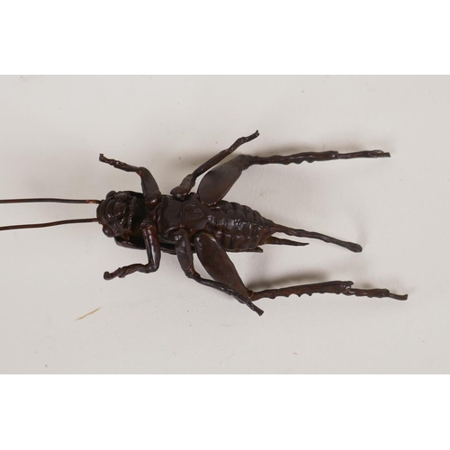 32 - A Japanese Jizai style bronzed copper okimono grasshopper with articulated limbs, 17cm long