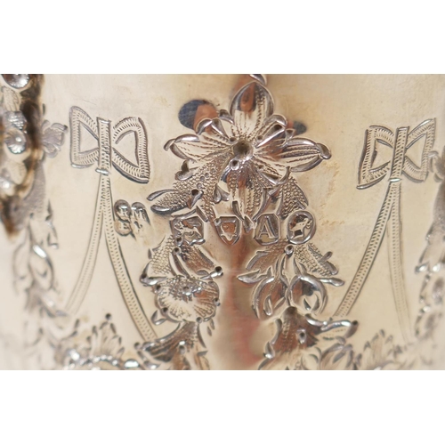 602 - A fine Victorian silver three piece tea set by Martin, Hall & Co, London, 1876, decorated with r... 
