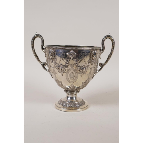 602 - A fine Victorian silver three piece tea set by Martin, Hall & Co, London, 1876, decorated with r... 