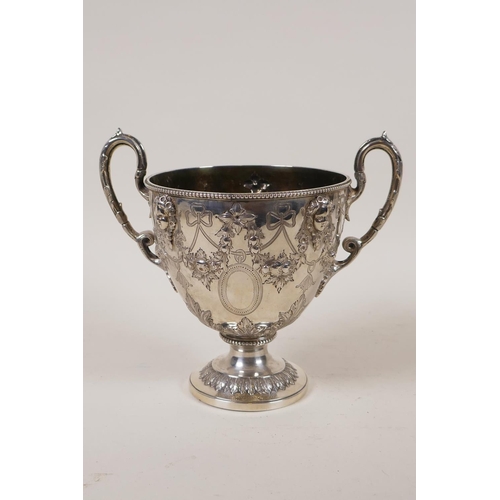 602 - A fine Victorian silver three piece tea set by Martin, Hall & Co, London, 1876, decorated with r... 