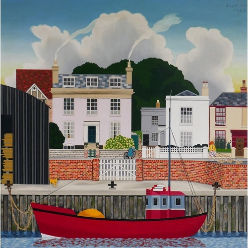 820 - Julie Hine, (British, b.1945), River House, River Road, Littlehampton, 1983, naive/folk art style, o...