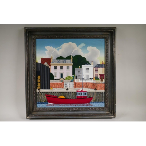 820 - Julie Hine, (British, b.1945), River House, River Road, Littlehampton, 1983, naive/folk art style, o... 
