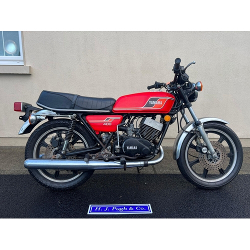 Yamaha RD 400 Motorcycle. 1976. 400cc.
Frame no. 1A1-309974
Engine no. 1A1-309974
Showing 8821 miles, was running about 2 years ago. Fuel tap is missing, otherwise the bike is very original. American import. Has certificate of title