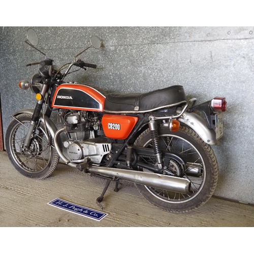 196 - Honda CB200 Motorcycle. 1974. 200cc
Frame no. CB200-1023212
Engine no. CB200E- 1024015
Reg. 74-WW521