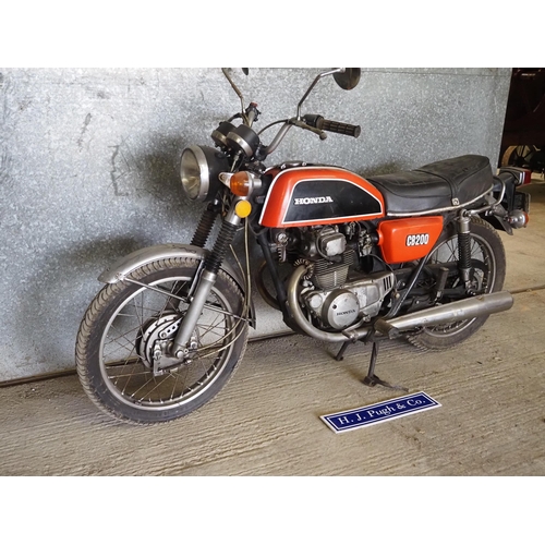 196 - Honda CB200 Motorcycle. 1974. 200cc
Frame no. CB200-1023212
Engine no. CB200E- 1024015
Reg. 74-WW521