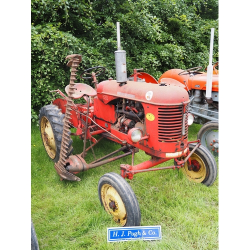 114 - Massey Harris 820 tractor. Fitted with lights and mid mounted finger bar mower. S/n 107208