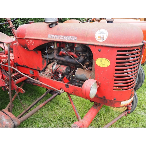 114 - Massey Harris 820 tractor. Fitted with lights and mid mounted finger bar mower. S/n 107208