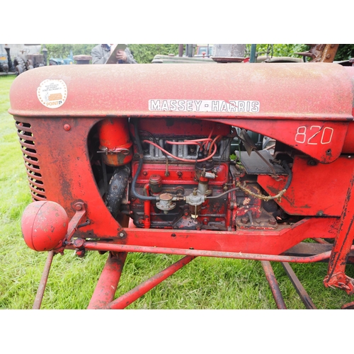 114 - Massey Harris 820 tractor. Fitted with lights and mid mounted finger bar mower. S/n 107208