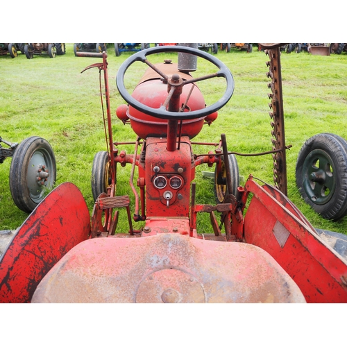 114 - Massey Harris 820 tractor. Fitted with lights and mid mounted finger bar mower. S/n 107208