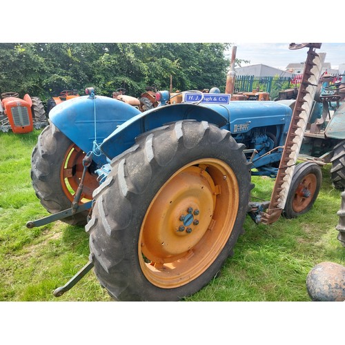 123 - Fordson Major Diesel Tractor. Fitted with mid mounted mower