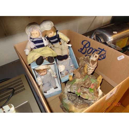 34 - Box containing Owl indoor water feature plus 4 regency fine art dolls