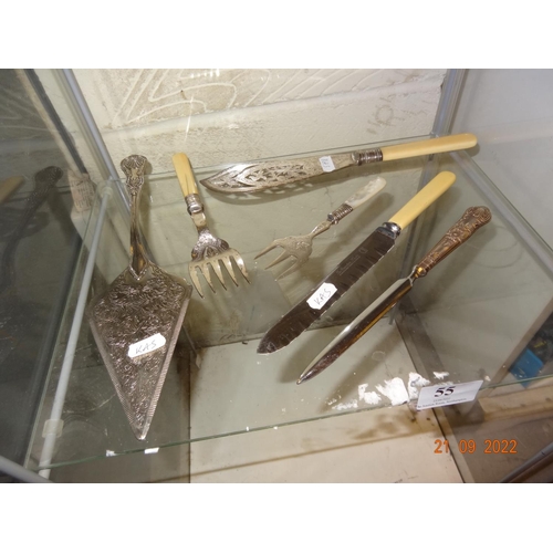 55 - Various silver and EPNS kitchen items including cake slice, pickle fork, letter opener etc