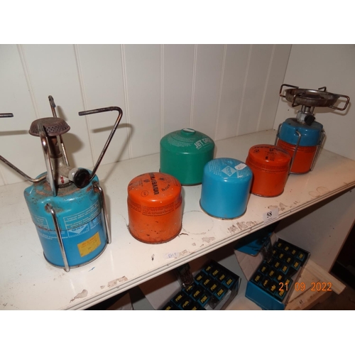 58 - 2x Camping gas stoves plus spare containers