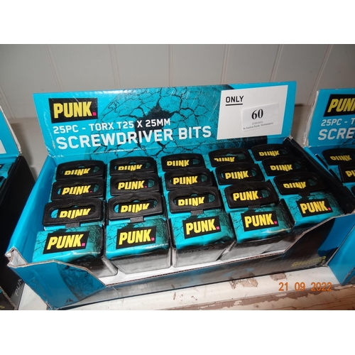 60 - Punk 25pc Tork T25x25 mm Screwdriver bits 20 boxes of 25 pieces in each large box