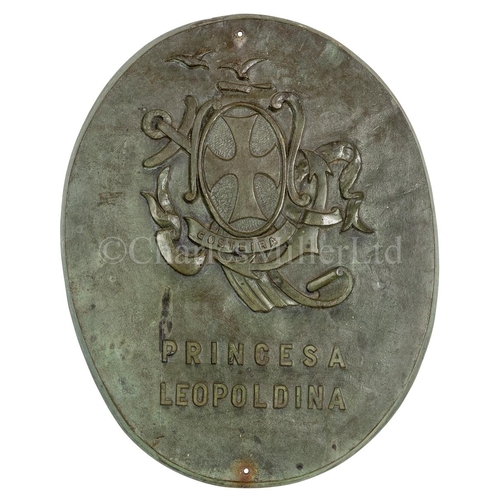 132 - A BRONZE NAME PLAQUE FOR THE BRAZILIAN OCEAN LINER PRINCESA LEOPOLDINA, 1962
cast with a stylised ma... 