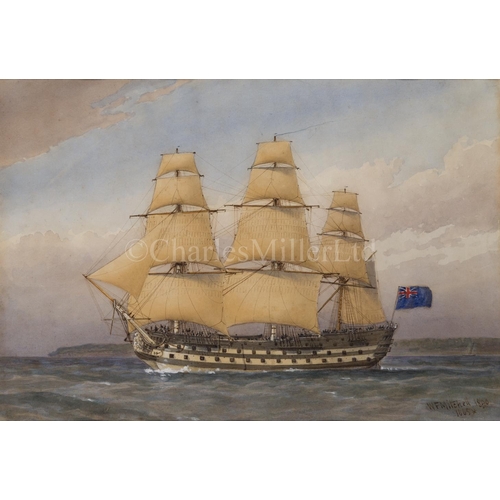 144 - WILLIAM FREDERICK MITCHELL (BRITISH, 1845-1914)
A 74-Gun Ship-of-the-line, about 1794; Battle Ship, ... 