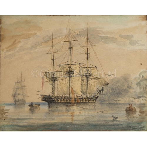 218 - AFTER THOMAS SERRES, EARLY 19TH CENTURY 
A frigate lying at anchor, reefing its sail
Watercolour
3¼ ... 