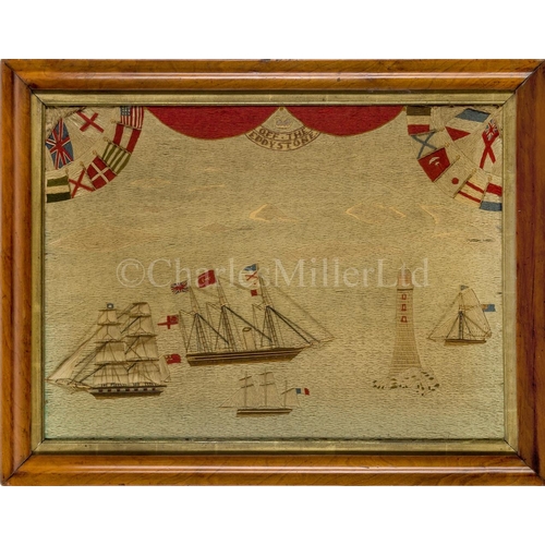 229 - A LARGE SAILOR'S WOOLWORK PICTURE, CIRCA 1870
depicting Eddystone Lighthouse with warship at anchor ... 