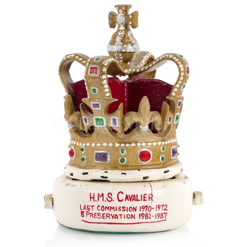 283 - THE JACK STAFF CROWN FROM THE C-CLASS DESTROYER H.M.S. CAVALIER, 1944
cast in alloy and finished in ... 