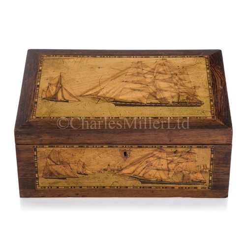 36 - A TRINITY HOUSE MARQUETRY INLAID WORK BOX, CIRCA 1870
the lid depicting a pilot cutter approaching a... 