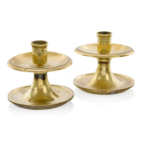 65 - A PAIR OF WEIGHTED BRASS YACHT CANDLE STICKS, CIRCA 1900
heavily constructed in brass with wide drip... 