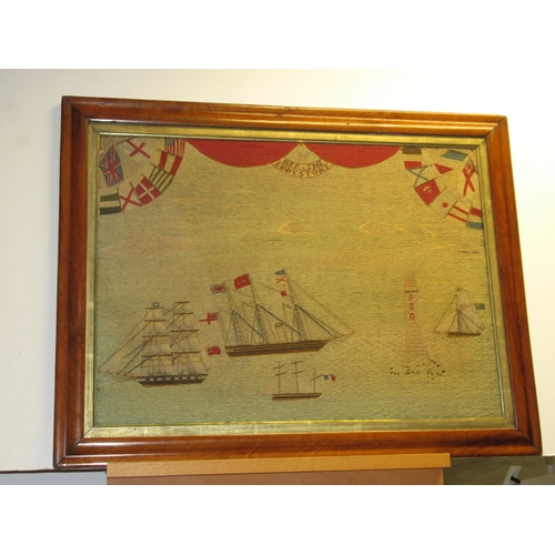 229 - A LARGE SAILOR'S WOOLWORK PICTURE, CIRCA 1870
depicting Eddystone Lighthouse with warship at anchor ... 