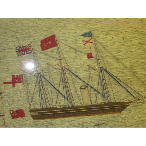 229 - A LARGE SAILOR'S WOOLWORK PICTURE, CIRCA 1870
depicting Eddystone Lighthouse with warship at anchor ... 