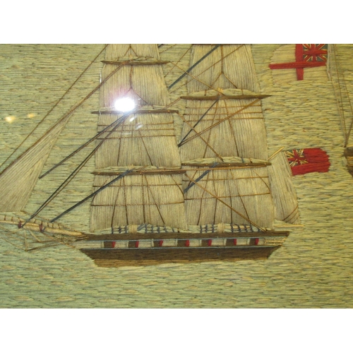 229 - A LARGE SAILOR'S WOOLWORK PICTURE, CIRCA 1870
depicting Eddystone Lighthouse with warship at anchor ... 