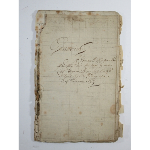 137 - A LOG FROM THE 1664 FOURTH-RATE GREENWICH, KEPT BY CAPTAIN CHARLES WAGER, 1696-1699
written over for... 