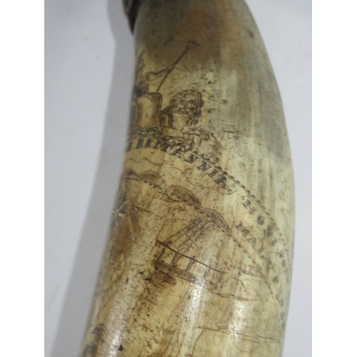 189 - A VICTORIAN SCRIMSHAW DECORATED POWDER HORN COMMEMORATING TRAFALGAR 
incised in the round with the d... 