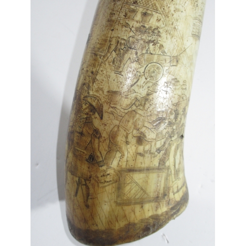 189 - A VICTORIAN SCRIMSHAW DECORATED POWDER HORN COMMEMORATING TRAFALGAR 
incised in the round with the d... 