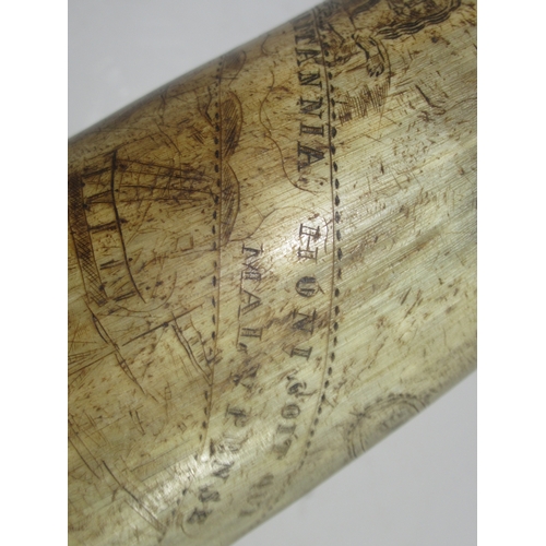 189 - A VICTORIAN SCRIMSHAW DECORATED POWDER HORN COMMEMORATING TRAFALGAR 
incised in the round with the d... 