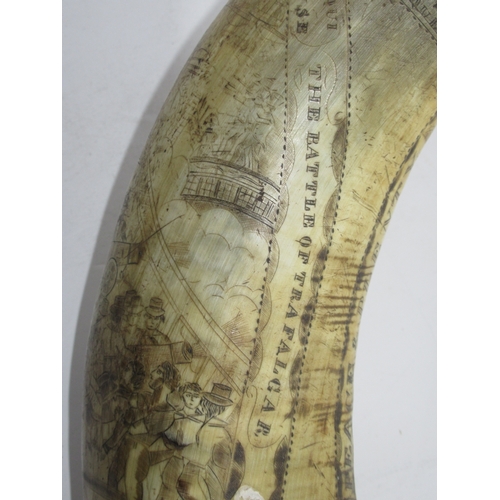 189 - A VICTORIAN SCRIMSHAW DECORATED POWDER HORN COMMEMORATING TRAFALGAR 
incised in the round with the d... 