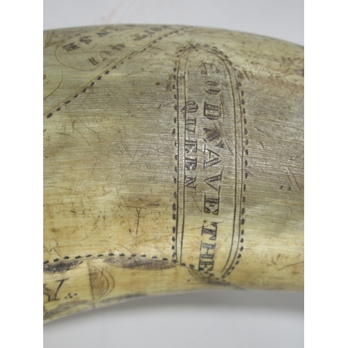 189 - A VICTORIAN SCRIMSHAW DECORATED POWDER HORN COMMEMORATING TRAFALGAR 
incised in the round with the d... 