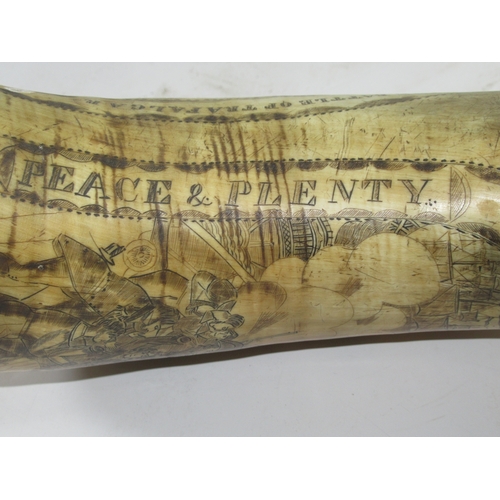 189 - A VICTORIAN SCRIMSHAW DECORATED POWDER HORN COMMEMORATING TRAFALGAR 
incised in the round with the d... 