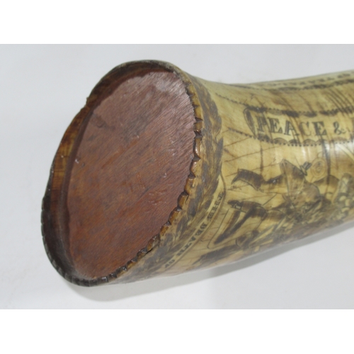 189 - A VICTORIAN SCRIMSHAW DECORATED POWDER HORN COMMEMORATING TRAFALGAR 
incised in the round with the d... 