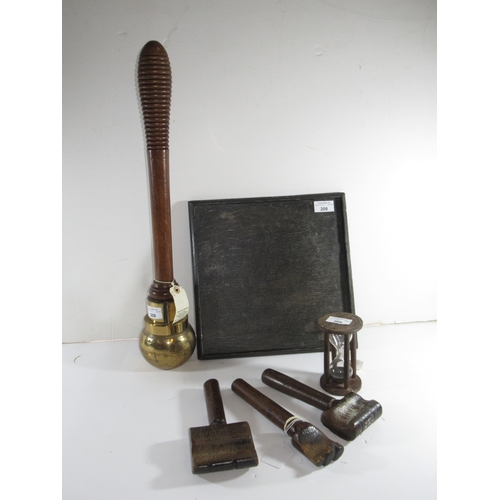 208 - A COLLECTION OF TREEN
comprising three 19th Century serving mallets; a 30-second pulse timer with tu... 