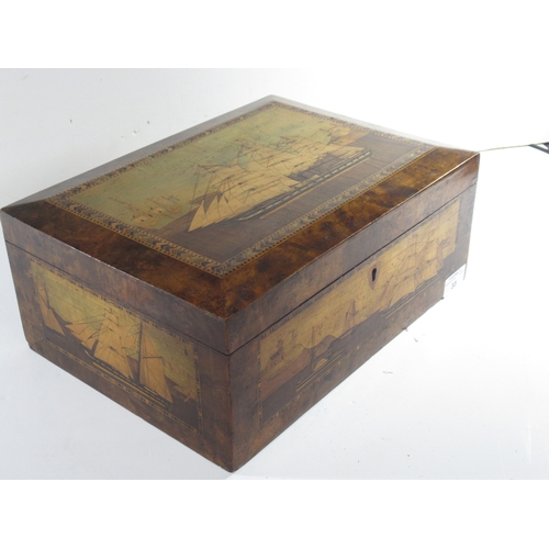 33 - A FINE TRINITY HOUSE MARQUETRY INLAID WORK BOX, CIRCA 1870
the lid depicting an auxiliary barque, po... 