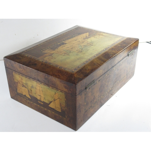 33 - A FINE TRINITY HOUSE MARQUETRY INLAID WORK BOX, CIRCA 1870
the lid depicting an auxiliary barque, po... 