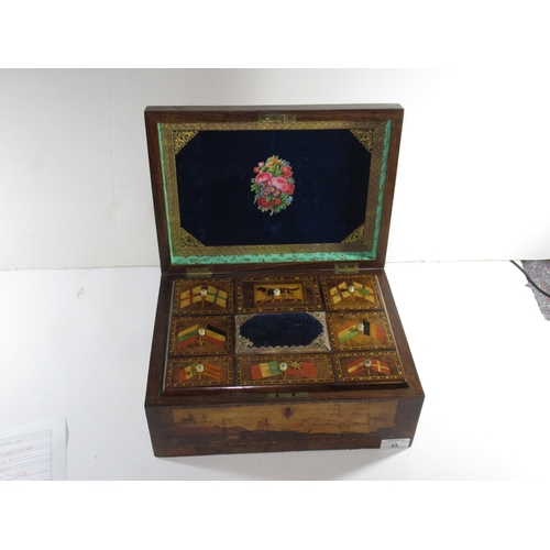 33 - A FINE TRINITY HOUSE MARQUETRY INLAID WORK BOX, CIRCA 1870
the lid depicting an auxiliary barque, po... 