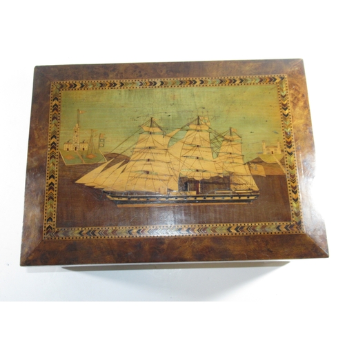 33 - A FINE TRINITY HOUSE MARQUETRY INLAID WORK BOX, CIRCA 1870
the lid depicting an auxiliary barque, po... 