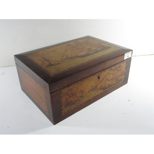 36 - A TRINITY HOUSE MARQUETRY INLAID WORK BOX, CIRCA 1870
the lid depicting a pilot cutter approaching a... 