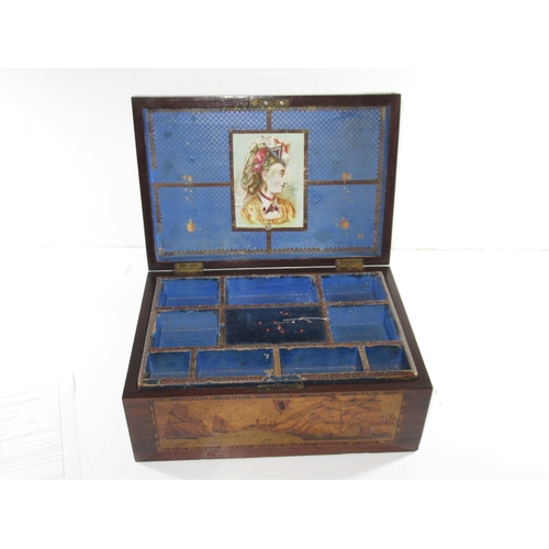 36 - A TRINITY HOUSE MARQUETRY INLAID WORK BOX, CIRCA 1870
the lid depicting a pilot cutter approaching a... 