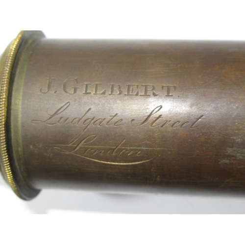 339 - A VERY LARGE 2IN. SINGLE DRAW WOOD AND BRASS TELESCOPE BY J. GILBERT, LUDGATE STREET, LONDON, CIRCA ... 