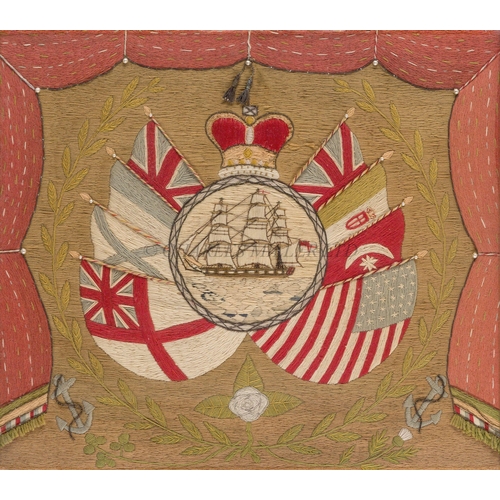 163 - A SAILOR'S PATRIOTIC WOOLWORK, CIRCA 1850Simple cartouche of a man-of-war underway, flanked by natio... 